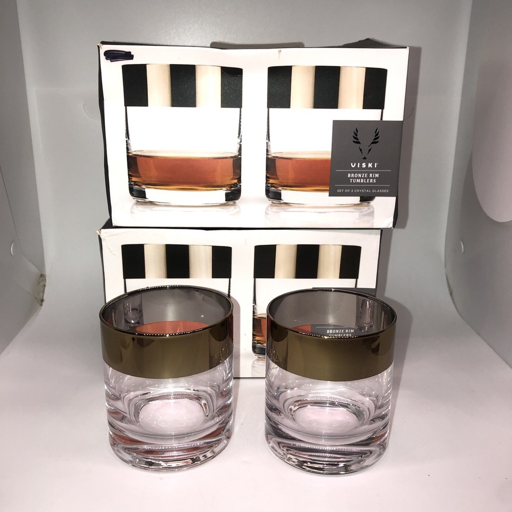 Viski Crystal Glasses Bronze Rim Tumblers Set Of 4 In Box